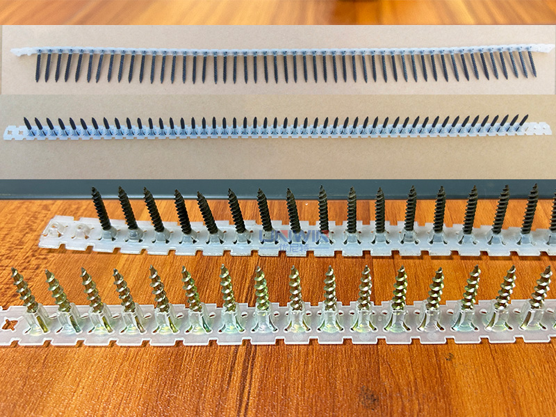 New collated drywall screw strips before use