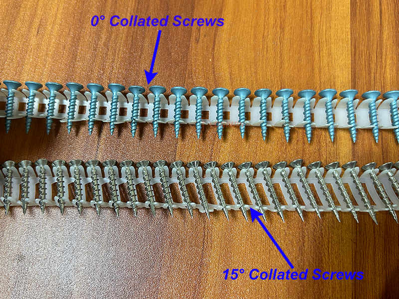 0 degree and 15 degree plastic sheet collated screws