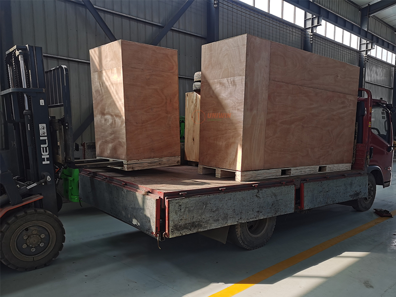 Collated drywall screw machine packed for shipment to Germany